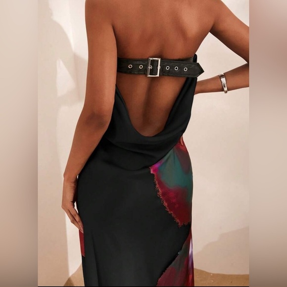 NEW Elegant Black and Multicolor Belted Backless Dress - Picture 2 of 5